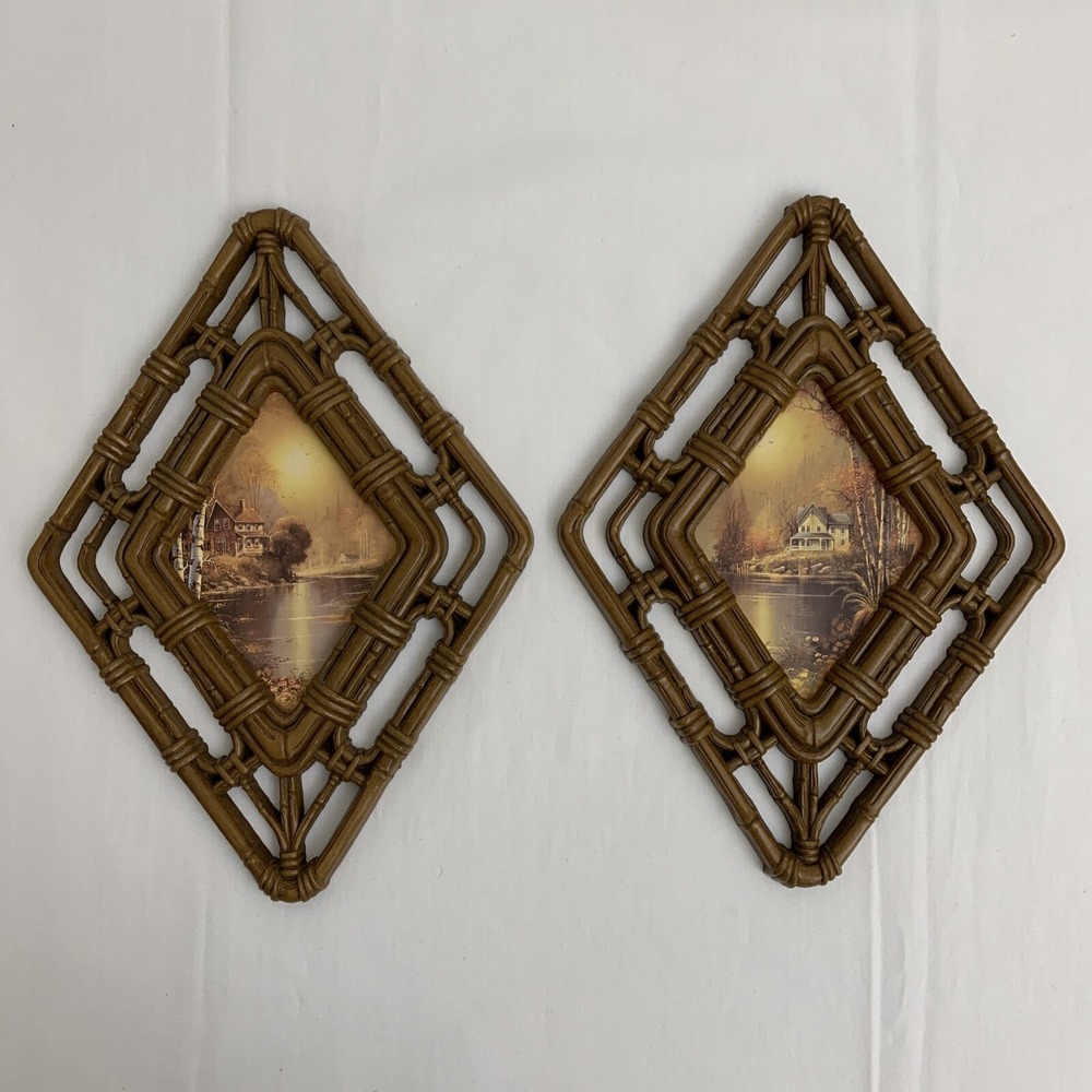 Vintage Homco 1983 Faux Bamboo‎ Diamond Wall Frames Cottagecore Set of 2 EUC